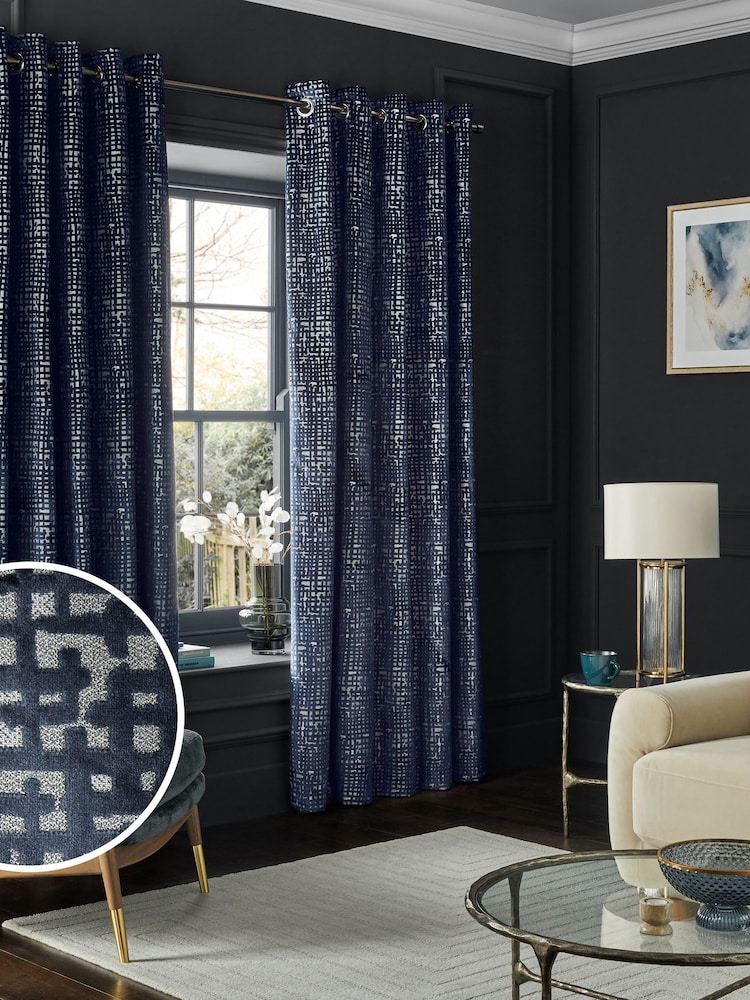 Navy Blue Collection Luxe Heavyweight Cut Velvet Abstract Eyelet Lined Curtains - Image 2 of 5