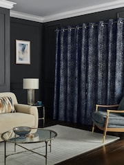 Navy Blue Collection Luxe Heavyweight Cut Velvet Abstract Eyelet Lined Curtains - Image 3 of 5
