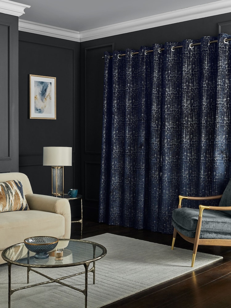Navy Blue Collection Luxe Heavyweight Cut Velvet Abstract Eyelet Lined Curtains - Image 3 of 5