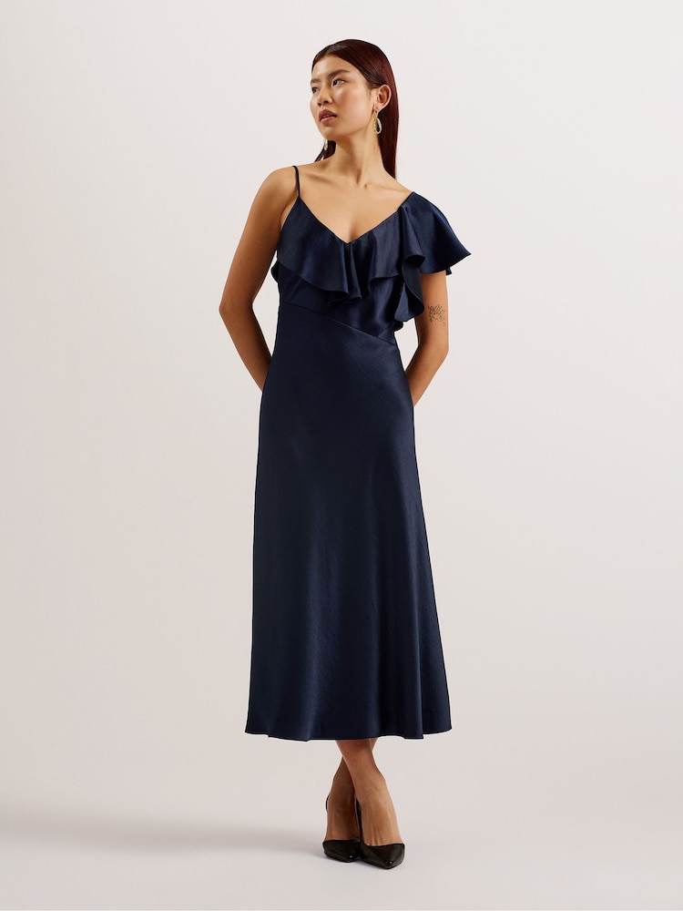 Ted Baker Blue Keomi Waterfall Ruffle Midi Slip Dress - Image 1 of 5 Ted Baker Blue Keomi Waterfall Ruffle Midi Slip Dress - Image 1 of 5
