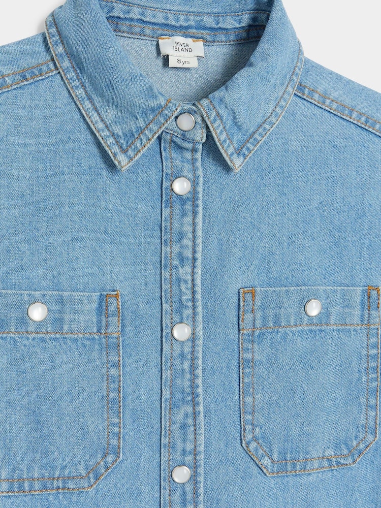 River Island Blue Girls 100% Cotton Denim A Line Dress - Image 2 of 3