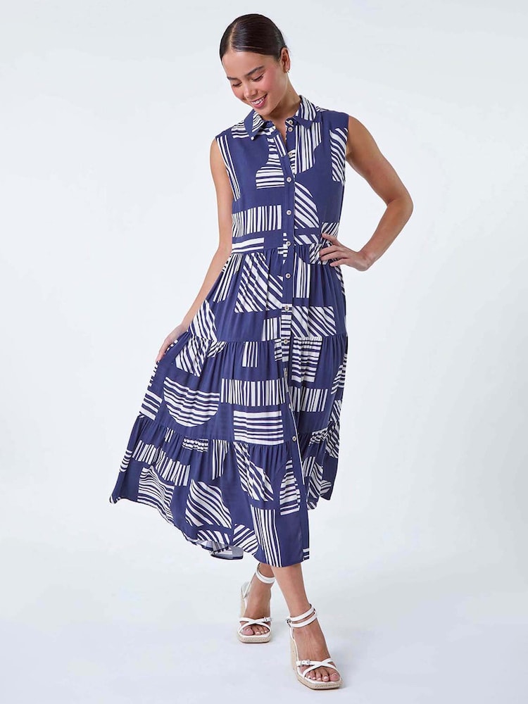 Roman Blue Geometric Midi Shirt Dress - Image 1 of 5
