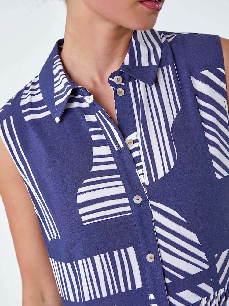 Roman Blue Geometric Midi Shirt Dress - Image 5 of 5
