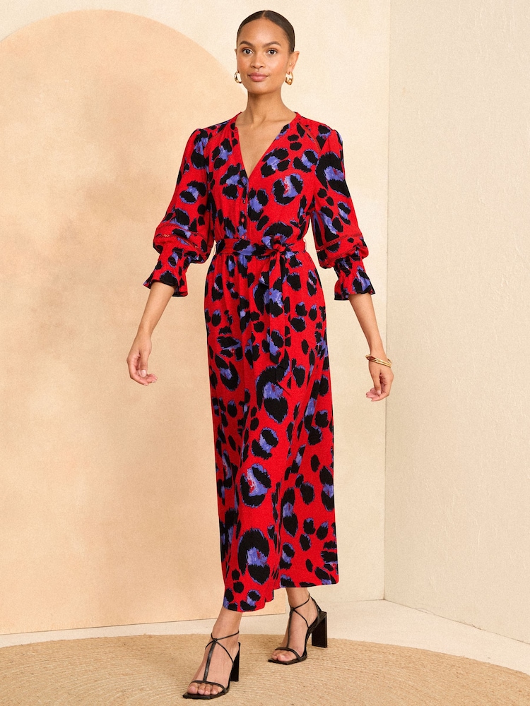 Love & Roses Red Animal Printed 3/4 Sleeve Belted Midi Dress - Image 1 of 4
