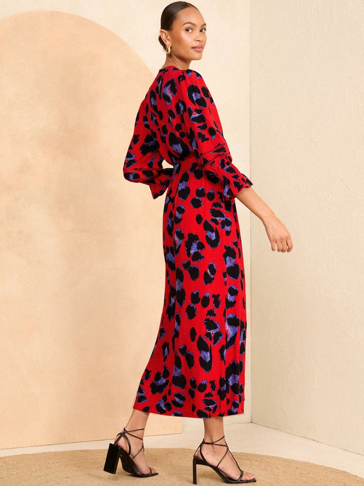 Love & Roses Red Animal Printed 3/4 Sleeve Belted Midi Dress - Image 2 of 4