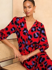 Love & Roses Red Animal Printed 3/4 Sleeve Belted Midi Dress - Image 3 of 4