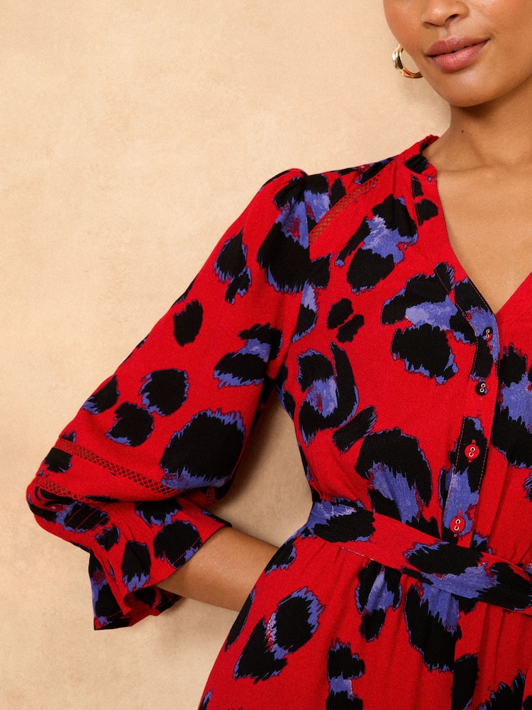 Love & Roses Red Animal Printed 3/4 Sleeve Belted Midi Dress - Image 4 of 4 Love & Roses Red Animal Printed 3/4 Sleeve Belted Midi Dress - Image 4 of 4