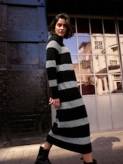 Black/Grey Stripe High Neck Long Sleeve Maxi Knitted Jumper Dress - Image 1 of 6