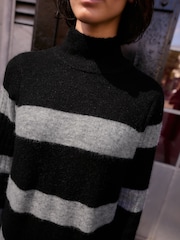 Black/Grey Stripe High Neck Long Sleeve Maxi Knitted Jumper Dress - Image 4 of 6