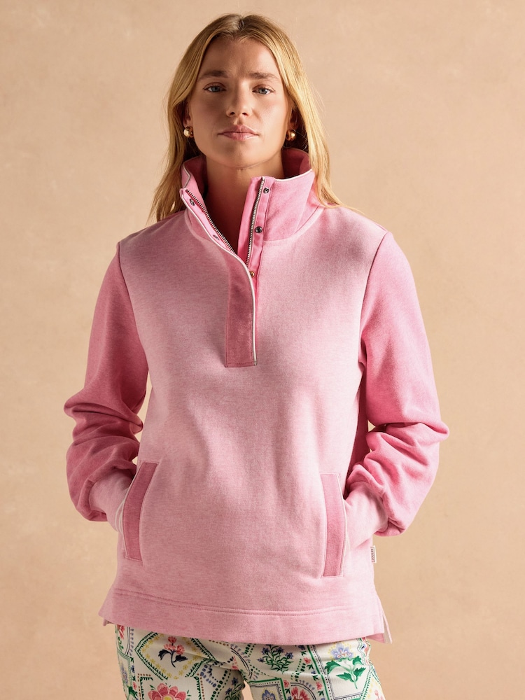 Rosa - Suéter de algodón con cuello alzado y cremallera corta Burnham de Joules - Imagen 1 de 11