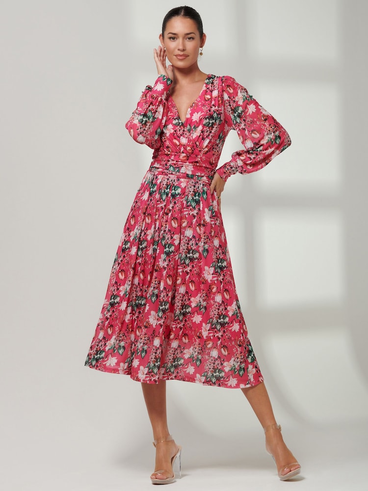 Jolie Moi Pink Rayla Wrap Front Mesh Midi Dress - Image 1 of 6