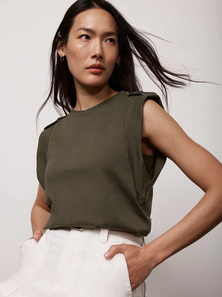 Mint Velvet Khaki Cotton Cropped Utility Tank Top - Image 1 of 4 Mint Velvet Khaki Cotton Cropped Utility Tank Top - Image 1 of 4