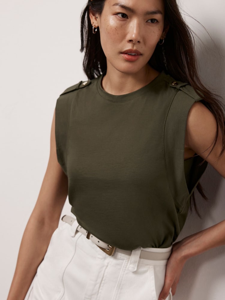Mint Velvet Khaki Cotton Cropped Utility Tank Top - Image 2 of 4 Mint Velvet Khaki Cotton Cropped Utility Tank Top - Image 2 of 4