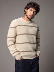 Ecru White Regular Fit Horizontal Stripe Crew Jumper with Wool - Image 1 of 8