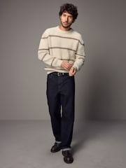 Ecru White Regular Fit Horizontal Stripe Crew Jumper with Wool - Image 2 of 8