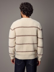 Ecru White Regular Fit Horizontal Stripe Crew Jumper with Wool - Image 3 of 8