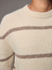 Ecru White Regular Fit Horizontal Stripe Crew Jumper with Wool - Image 5 of 8