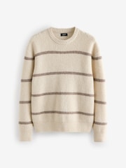 Ecru White Regular Fit Horizontal Stripe Crew Jumper with Wool - Image 6 of 8