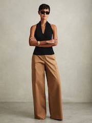 Reiss Black Tilly Knitted Panelled Halter Neck Top - Image 1 of 5