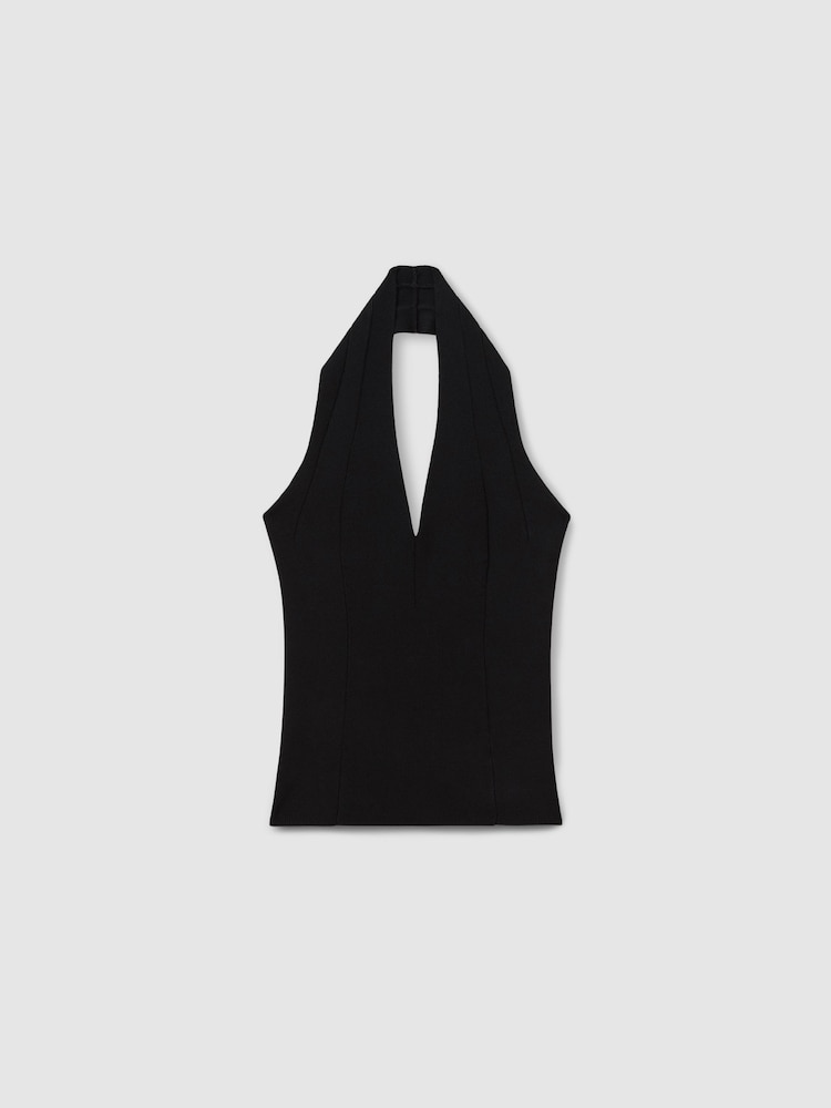 Reiss Black Tilly Knitted Panelled Halter Neck Top - Image 2 of 5
