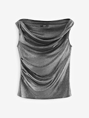 Silver Sleeveless Sparkle Drape Cowl Neck Top - Image 3 of 6