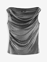 Silver Sleeveless Sparkle Drape Cowl Neck Top - Image 5 of 6