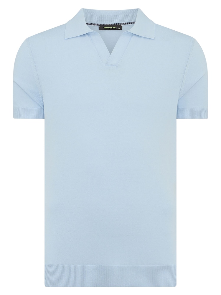 Remus Uomo Blue Slim Fit Knitted 100% Cotton Short Sleeve Polo Shirt - Image 6 of 6