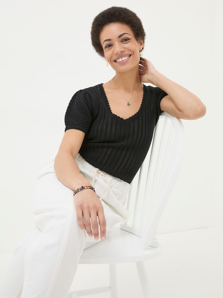 FatFace Ava Black Stitch Knit T-Shirt - Image 1 of 5