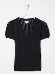 FatFace Ava Black Stitch Knit T-Shirt - Image 5 of 5