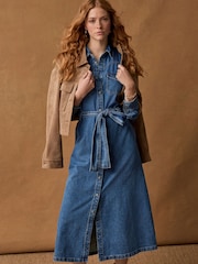 bleu foncé - Peignoir mi-long à coutures étagées en Denim 100% coton - Image 1 of 8