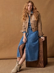 bleu foncé - Peignoir mi-long à coutures étagées en Denim 100% coton - Image 2 of 8