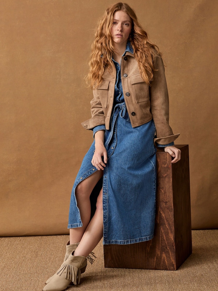 bleu foncé - Peignoir mi-long à coutures étagées en Denim 100% coton - Image 2 of 8