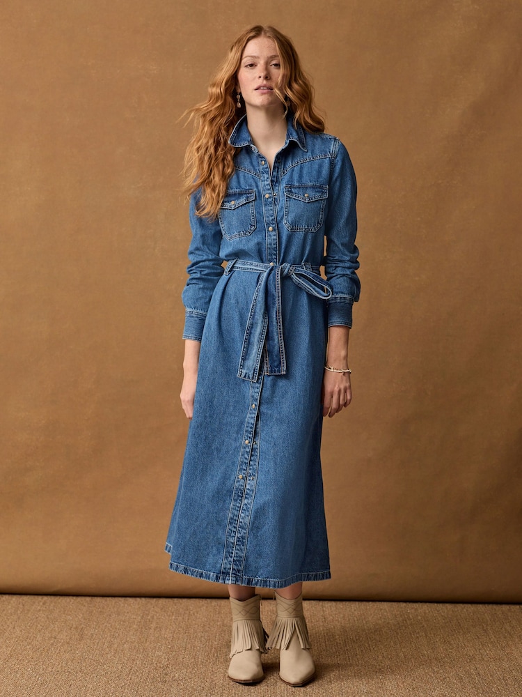 bleu foncé - Peignoir mi-long à coutures étagées en Denim 100% coton - Image 3 of 8