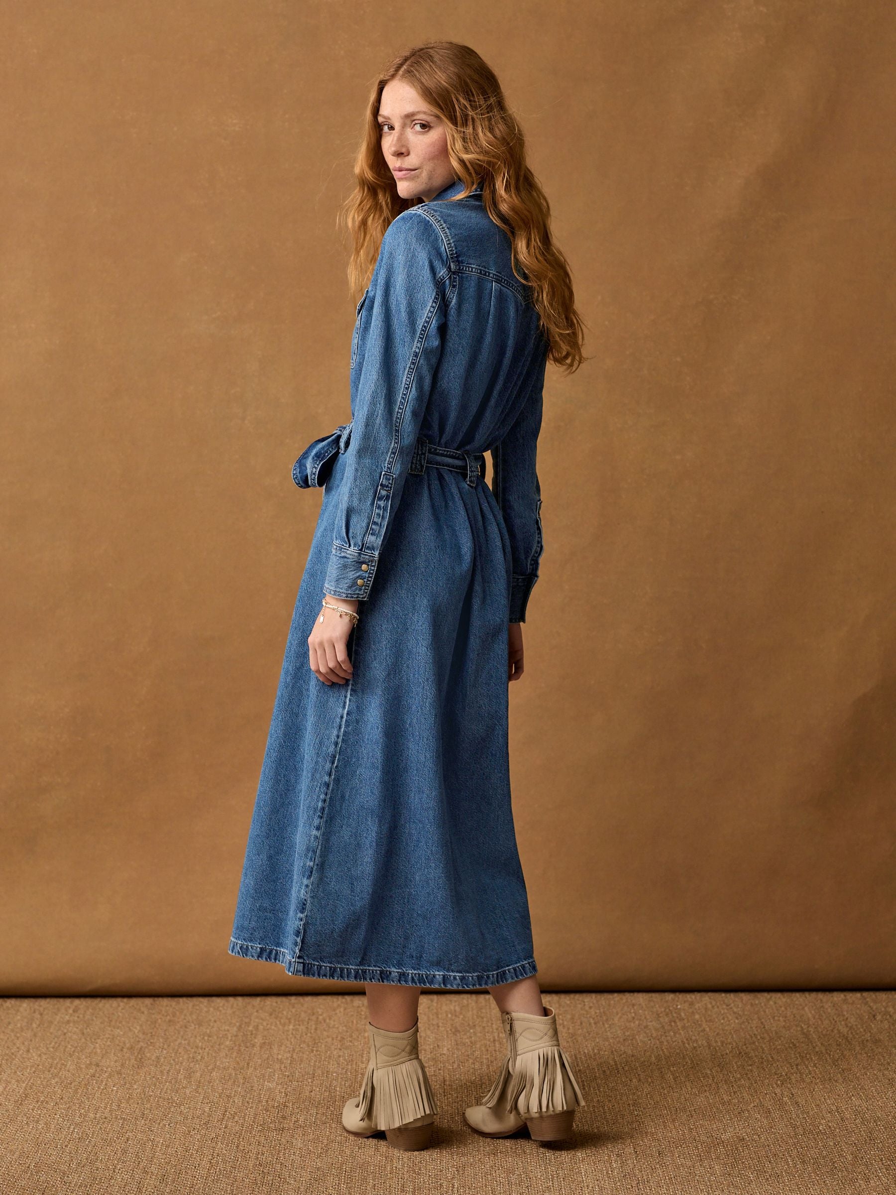 Buy Dark Blue Tiered Seam Front Denim 100% Cotton Midi Dress