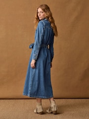 bleu foncé - Peignoir mi-long à coutures étagées en Denim 100% coton - Image 4 of 8