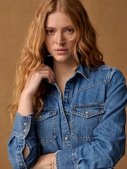 bleu foncé - Peignoir mi-long à coutures étagées en Denim 100% coton - Image 5 of 8