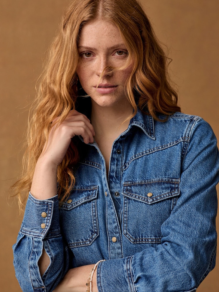bleu foncé - Peignoir mi-long à coutures étagées en Denim 100% coton - Image 5 of 8