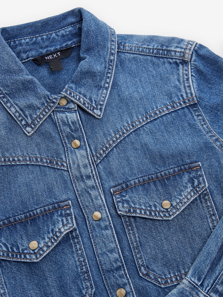bleu foncé - Peignoir mi-long à coutures étagées en Denim 100% coton - Image 7 of 8