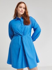 Simply Be Cobalt Blue Twist Front Cotton Shirt Dress - Image 3 of 4