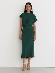 Reiss Teal Green Beth Off-Shoulder Tuck-Detail Midi Dress - Image 3 of 7