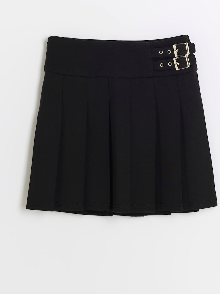 River Island Black Girls Pleated Buckle 100% Cotton Skirt - Image 1 of 3