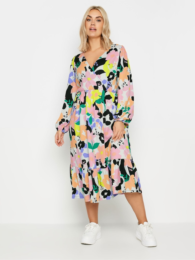 Yours Curve White LIMITED COLLECTION Floral Print Textured Wrap Dress - Image 2 of 6