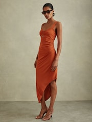 Reiss Rust Carla Jersey Ruched Midi Dress - Image 3 of 8
