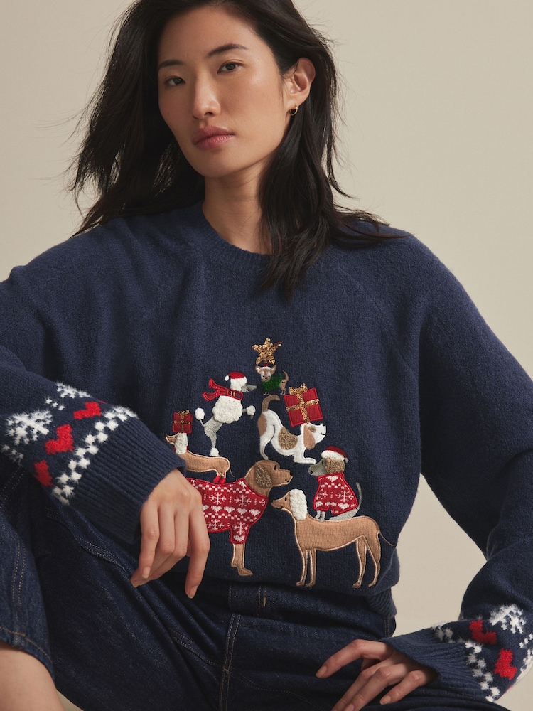 Blue Navy Dog Graphic Knitted Christmas Jumper - Image 1 of 7