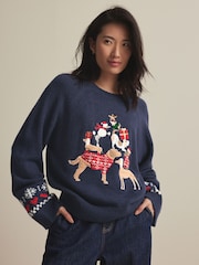 Blue Navy Dog Graphic Knitted Christmas Jumper - Image 3 of 7