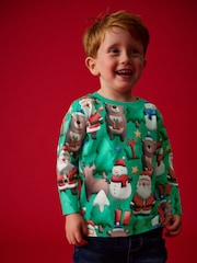 Green Long Sleeve Christmas 100% Cotton T-Shirt (3mths-7yrs) - Image 1 of 7