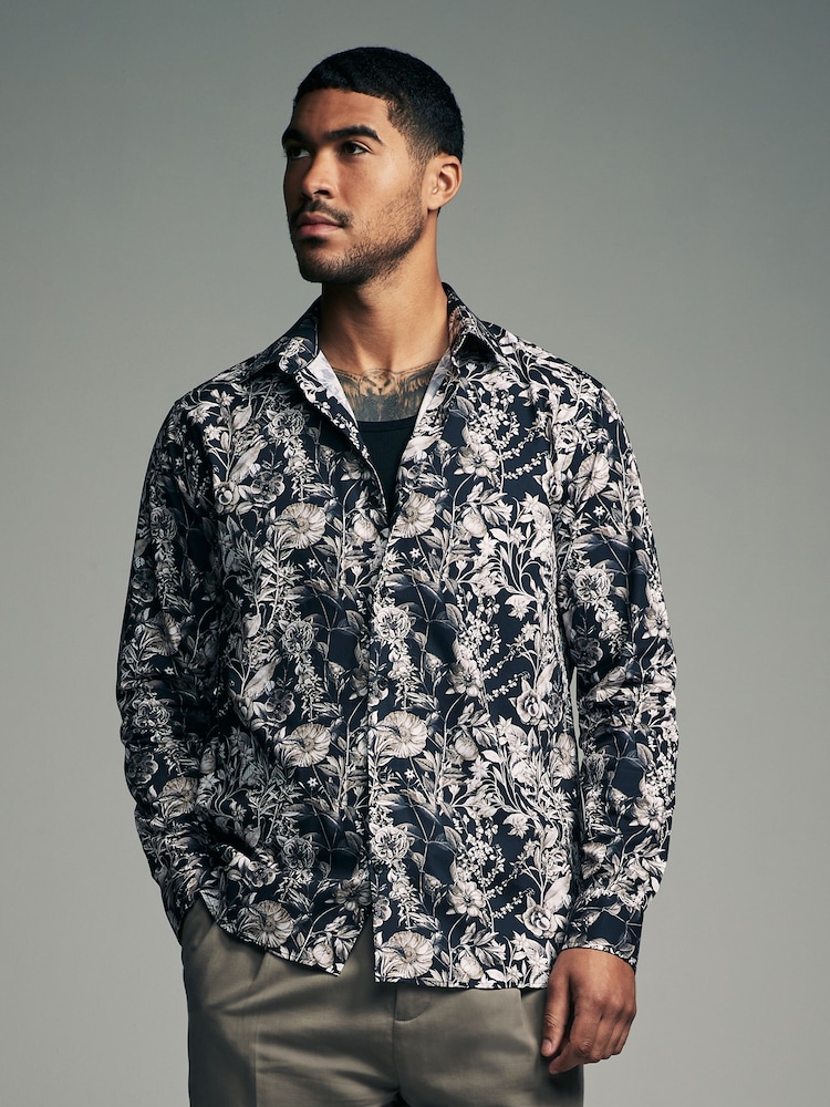 Black Mono Regular Fit Kew Collection 100% Cotton Floral Long Sleeve Single Cuff Shirt - Image 1 of 6