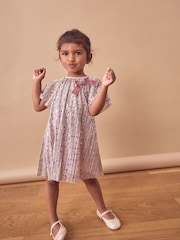 Pink Bow Sequin Party Angel Sleeve Dress (6mths-10yrs) - Image 1 of 7