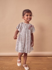 Pink Bow Sequin Party Angel Sleeve Dress (6mths-10yrs) - Image 2 of 7