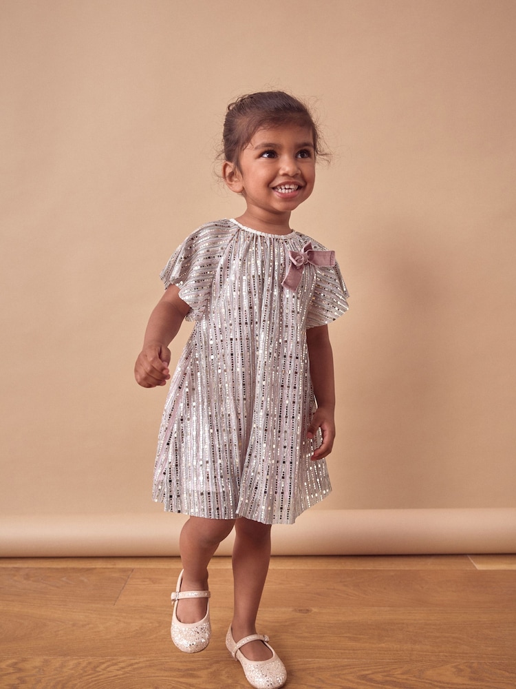 Pink Bow Sequin Party Angel Sleeve Dress (6mths-10yrs) - Image 2 of 7